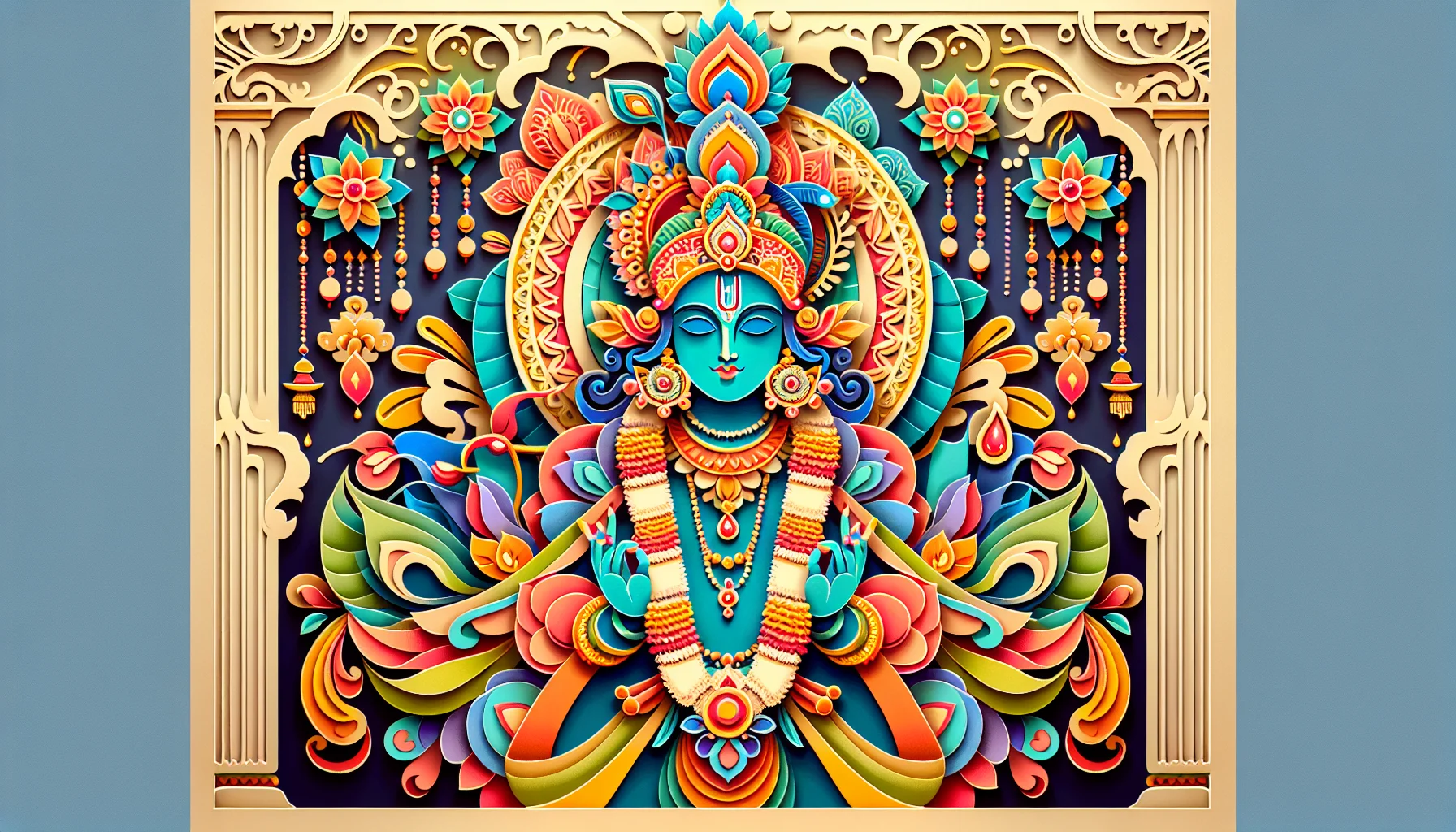 Visvarupa Darsana Yogah - It had countless faces and eyes, numerous wondrous sights, adorned with many divine ornaments, and holding many divine weapons.