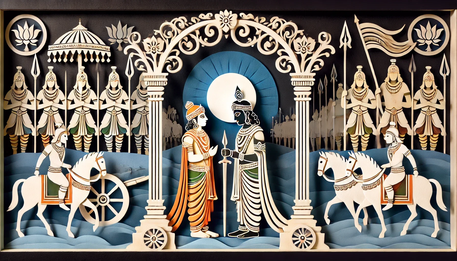 Sankhya Yogah - Krishna, smiling as if amused, speaks to Arjuna, who is standing between the two armies and caught in deep despair, highlighting the gravity of his emotions.