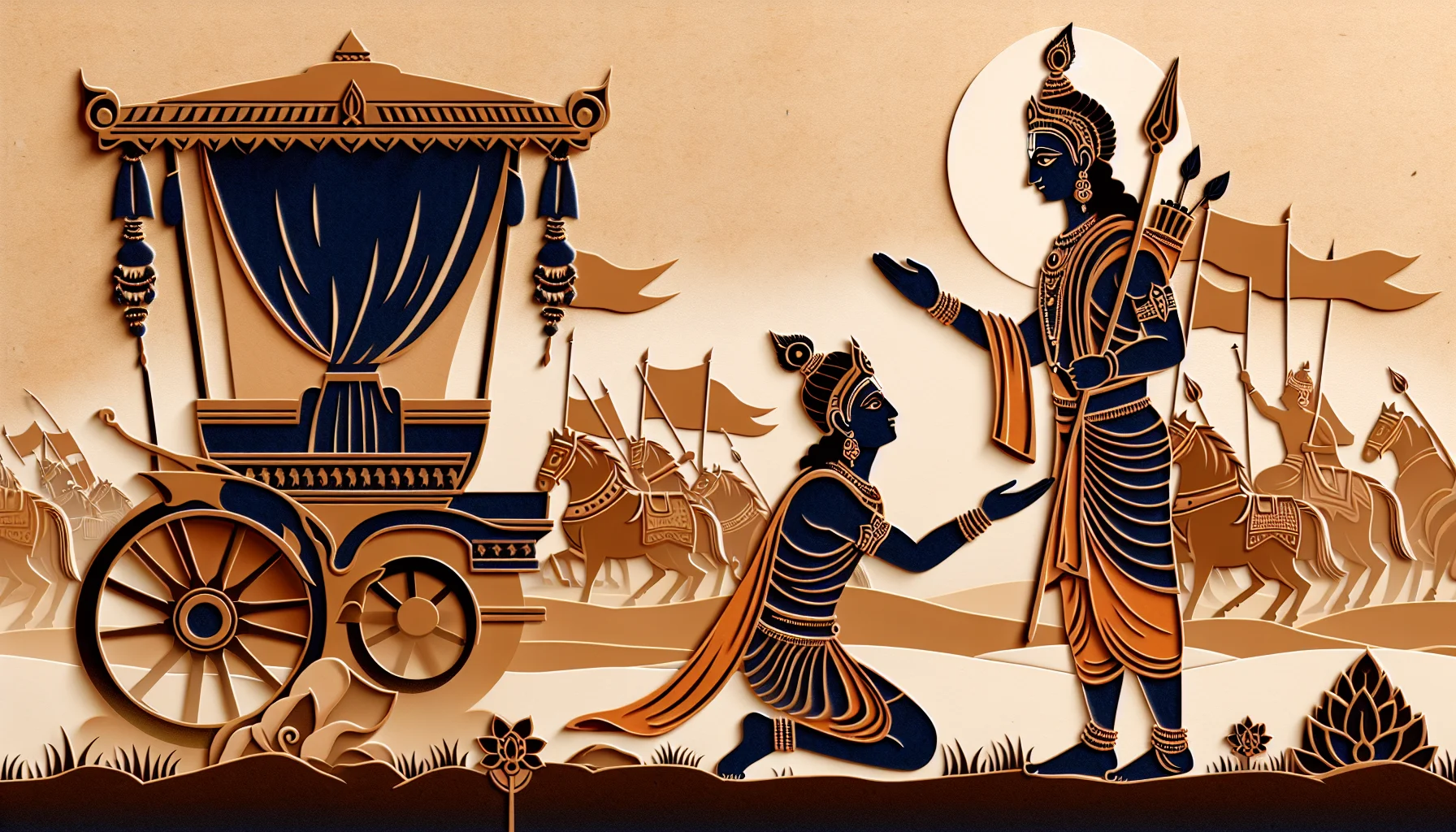 Sankhya Yogah - Overwhelmed by his sense of duty and confusion, Arjuna declares his inability to determine what is right. He surrenders himself to Krishna, seeking guidance as a disciple.